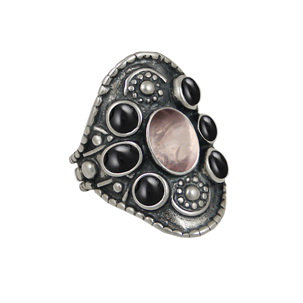 Sterling Silver High Queen's Ring With Rose Quartz And Black Onyx Size 10
